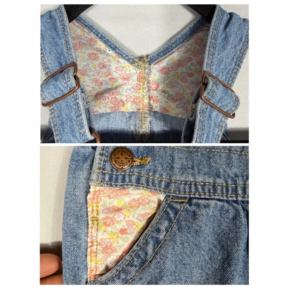 OshKosh Bgosh Baby Girl Floral Denim Overalls 3M Pink Blue Vestbank Bib RARE HTF